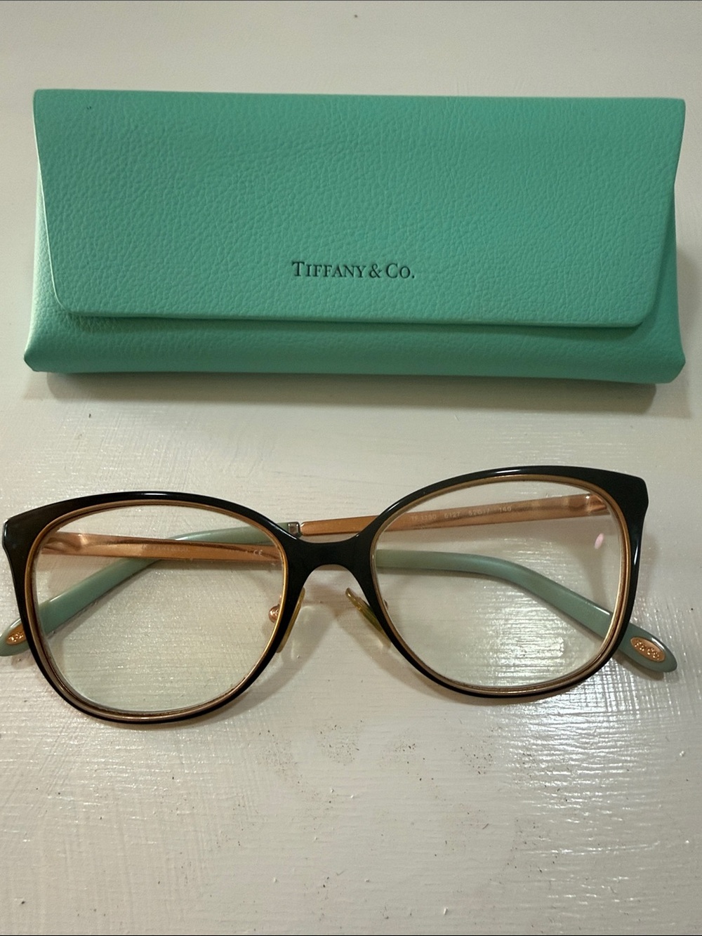 Tiffany & Co Black and Rose Gold Cat-Eye Glasses with Aqua Temples made in Italy